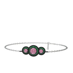 Elia Tria Bilezik - Pembe kuvars ve yeşil kuvars 925 ayar siyah rodyum kaplama gümüş bilezik (17 cm beyaz altın rolo zincir) #1lpbgrp