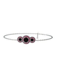 Siyah zirkon ve rodolit garnet 18 ayar beyaz altın bilezik (17 cm gümüş rolo zincir)