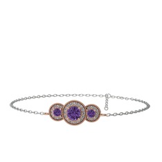 Elia Tria Bilezik - Ametist ve swarovski 18 ayar rose altın bilezik (17 cm gümüş rolo zincir) #914ghp