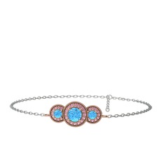 Akuamarin ve pembe kuvars 14 ayar rose altın bilezik (17 cm beyaz altın rolo zincir)