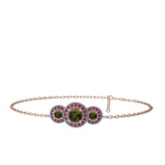 Peridot ve rodolit garnet 925 ayar gümüş bilezik (17 cm rose altın rolo zincir)