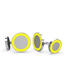Vona Daire Kol Düğmesi - 8 ayar beyaz altın kol düğmesi (Sarı mineli) #pgakud
