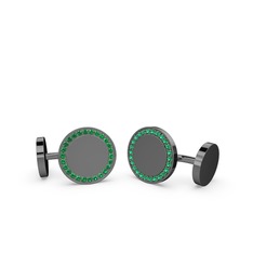 Taşlı Daire Kol Düğmesi - Yeşil kuvars 925 ayar siyah rodyum kaplama gümüş kol düğmesi #xw7ab3