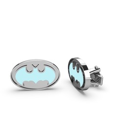 Batman Kol Düğmesi - 14 ayar beyaz altın kol düğmesi (Pastel mavi mineli) #widui