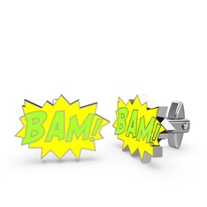 14 ayar beyaz altın kol düğmesi (Neon yeşil mineli)