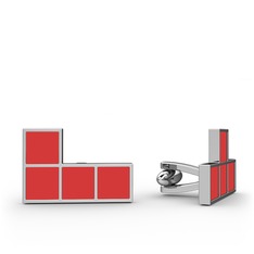 Tetris Kol Düğmesi - 18 ayar beyaz altın kol düğmesi (Kırmızı mineli) #176112g