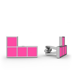 Tetris Kol Düğmesi - 18 ayar beyaz altın kol düğmesi (Neon pembe mineli) #1i3ubxp
