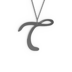 T Harf Kolye - 925 ayar siyah rodyum kaplama gümüş kolye (40 cm gümüş rolo zincir) #33rht6