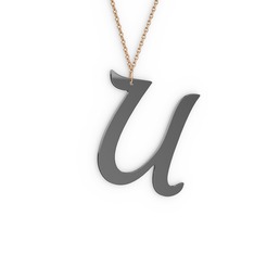 U Harf Kolye - 925 ayar siyah rodyum kaplama gümüş kolye (40 cm rose altın rolo zincir) #1b0xy65