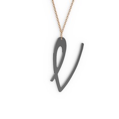V Harf Kolye - 925 ayar siyah rodyum kaplama gümüş kolye (40 cm rose altın rolo zincir) #16aulpd