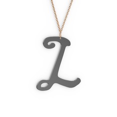 L Harf Kolye - 925 ayar siyah rodyum kaplama gümüş kolye (40 cm rose altın rolo zincir) #112invn