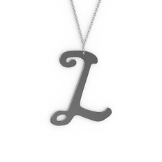 L Harf Kolye - 925 ayar siyah rodyum kaplama gümüş kolye (40 cm beyaz altın rolo zincir) #imfb1q