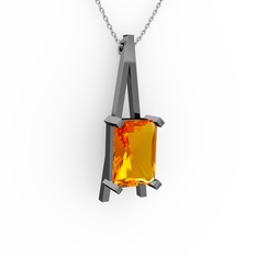 Şovale Kolye - Sitrin 925 ayar siyah rodyum kaplama gümüş kolye (40 cm beyaz altın rolo zincir) #17jqpsm