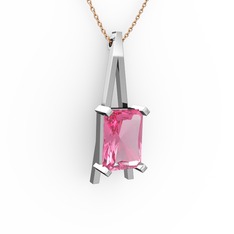 Şovale Kolye - Pembe kuvars 18 ayar beyaz altın kolye (40 cm gümüş rolo zincir) #18ngsbr