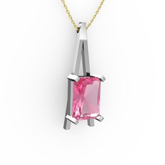 Şovale Kolye - Pembe kuvars 8 ayar beyaz altın kolye (40 cm gümüş rolo zincir) #8kk579