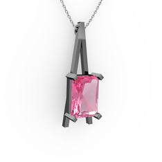 Pembe kuvars 925 ayar siyah rodyum kaplama gümüş kolye (40 cm beyaz altın rolo zincir)