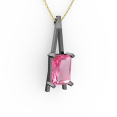 Şovale Kolye - Pembe kuvars 925 ayar siyah rodyum kaplama gümüş kolye (40 cm altın rolo zincir) #ri0xhc
