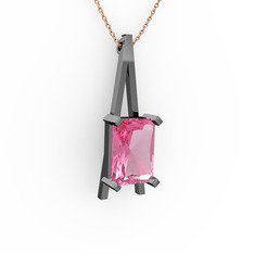 Şovale Kolye - Pembe kuvars 925 ayar siyah rodyum kaplama gümüş kolye (40 cm rose altın rolo zincir) #uh90sy