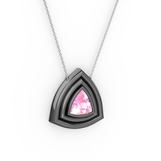 Pembe kuvars 925 ayar siyah rodyum kaplama gümüş kolye (40 cm beyaz altın rolo zincir)