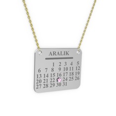 Takvim Kolye - Pembe kuvars 14 ayar beyaz altın kolye (40 cm gümüş rolo zincir) #1dnhmz2