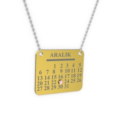 Takvim Kolye - Pembe kuvars 14 ayar altın kolye (40 cm beyaz altın rolo zincir) #1oklv11