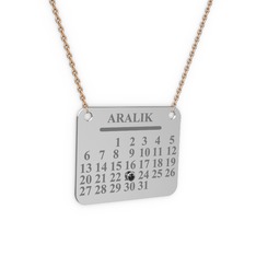 Siyah zirkon 14 ayar beyaz altın kolye (40 cm rose altın rolo zincir)