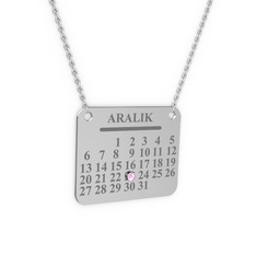 Takvim Kolye - Pembe kuvars 14 ayar beyaz altın kolye (40 cm beyaz altın rolo zincir) #1rej4rw