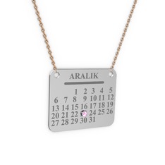 Pembe kuvars 18 ayar beyaz altın kolye (40 cm gümüş rolo zincir)