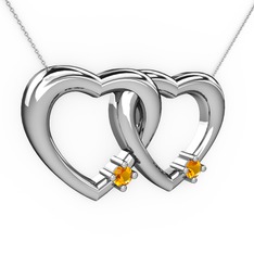 İkili Kalp Kolye - Sitrin 8 ayar beyaz altın kolye (40 cm gümüş rolo zincir) #116qauv