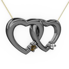 İkili Kalp Kolye - Dumanlı kuvars ve beyaz zirkon 925 ayar siyah rodyum kaplama gümüş kolye (40 cm gümüş rolo zincir) #12c57w9