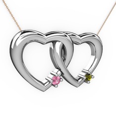 İkili Kalp Kolye - Pembe kuvars ve peridot 14 ayar beyaz altın kolye (40 cm gümüş rolo zincir) #12rspud