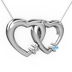 İkili Kalp Kolye - Swarovski ve akuamarin 18 ayar beyaz altın kolye (40 cm beyaz altın rolo zincir) #12uswbz