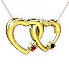 İkili Kalp Kolye - Garnet ve siyah zirkon 18 ayar altın kolye (40 cm rose altın rolo zincir) #15dh6hm