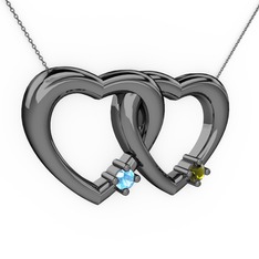 İkili Kalp Kolye - Akuamarin ve peridot 925 ayar siyah rodyum kaplama gümüş kolye (40 cm gümüş rolo zincir) #17awasg