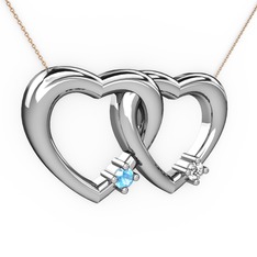İkili Kalp Kolye - Akuamarin ve swarovski 8 ayar beyaz altın kolye (40 cm gümüş rolo zincir) #17cc0ej