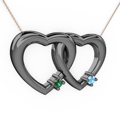 İkili Kalp Kolye - Yeşil kuvars ve akuamarin 925 ayar siyah rodyum kaplama gümüş kolye (40 cm gümüş rolo zincir) #17h6xfj