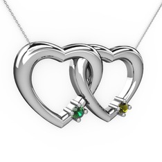 İkili Kalp Kolye - Yeşil kuvars ve peridot 14 ayar beyaz altın kolye (40 cm gümüş rolo zincir) #17rchf