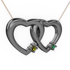 İkili Kalp Kolye - Peridot ve yeşil kuvars 925 ayar siyah rodyum kaplama gümüş kolye (40 cm rose altın rolo zincir) #18z1nd4