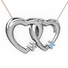 İkili Kalp Kolye - Pırlanta ve akuamarin 8 ayar beyaz altın kolye (0.036 karat, 40 cm rose altın rolo zincir) #19cevzm