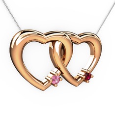 İkili Kalp Kolye - Pembe kuvars ve rodolit garnet 8 ayar rose altın kolye (40 cm beyaz altın rolo zincir) #19kr5rf