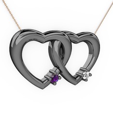 İkili Kalp Kolye - Ametist ve pırlanta 925 ayar siyah rodyum kaplama gümüş kolye (0.036 karat, 40 cm rose altın rolo zincir) #19leag
