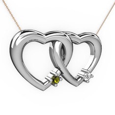 İkili Kalp Kolye - Peridot ve swarovski 18 ayar beyaz altın kolye (40 cm rose altın rolo zincir) #1a8nme6