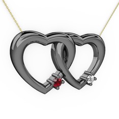 İkili Kalp Kolye - Garnet ve swarovski 925 ayar siyah rodyum kaplama gümüş kolye (40 cm altın rolo zincir) #1alij74