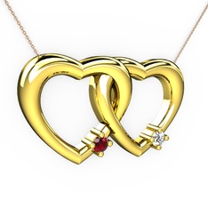 İkili Kalp Kolye - Garnet ve beyaz zirkon 8 ayar altın kolye (40 cm rose altın rolo zincir) #1bxtqm9