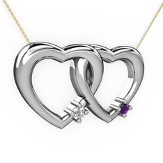 İkili Kalp Kolye - Swarovski ve ametist 8 ayar beyaz altın kolye (40 cm altın rolo zincir) #1d7f27b