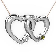 İkili Kalp Kolye - Pırlanta ve peridot 8 ayar beyaz altın kolye (0.036 karat, 40 cm rose altın rolo zincir) #1d7oo7d