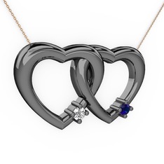 İkili Kalp Kolye - Pırlanta ve lab safir 925 ayar siyah rodyum kaplama gümüş kolye (0.036 karat, 40 cm rose altın rolo zincir) #1dewbjk