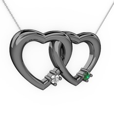 İkili Kalp Kolye - Beyaz zirkon ve yeşil kuvars 925 ayar siyah rodyum kaplama gümüş kolye (40 cm gümüş rolo zincir) #1dgrk79