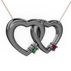 İkili Kalp Kolye - Yeşil kuvars ve rodolit garnet 925 ayar siyah rodyum kaplama gümüş kolye (40 cm rose altın rolo zincir) #1dxrl4s
