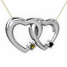 İkili Kalp Kolye - Peridot ve siyah zirkon 18 ayar beyaz altın kolye (40 cm altın rolo zincir) #1emhckg